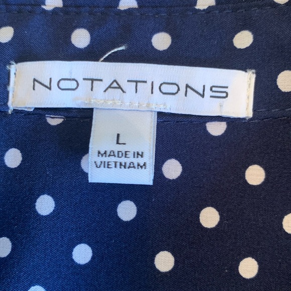 NOTATIONS Navy/white polka dot shirt blouse, side slits, silver buttons. L EUC - Picture 11 of 17
